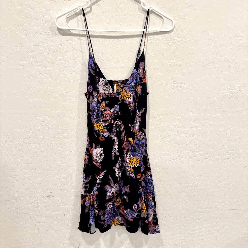 Free People Happy Heart Black Floral Mini Dress Womens Small Ruched Tied Bow